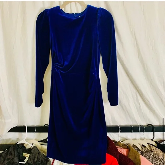 blue velvet calvin klein dress Dark Blue 1960s V-Neck Pleated Velvet Dress